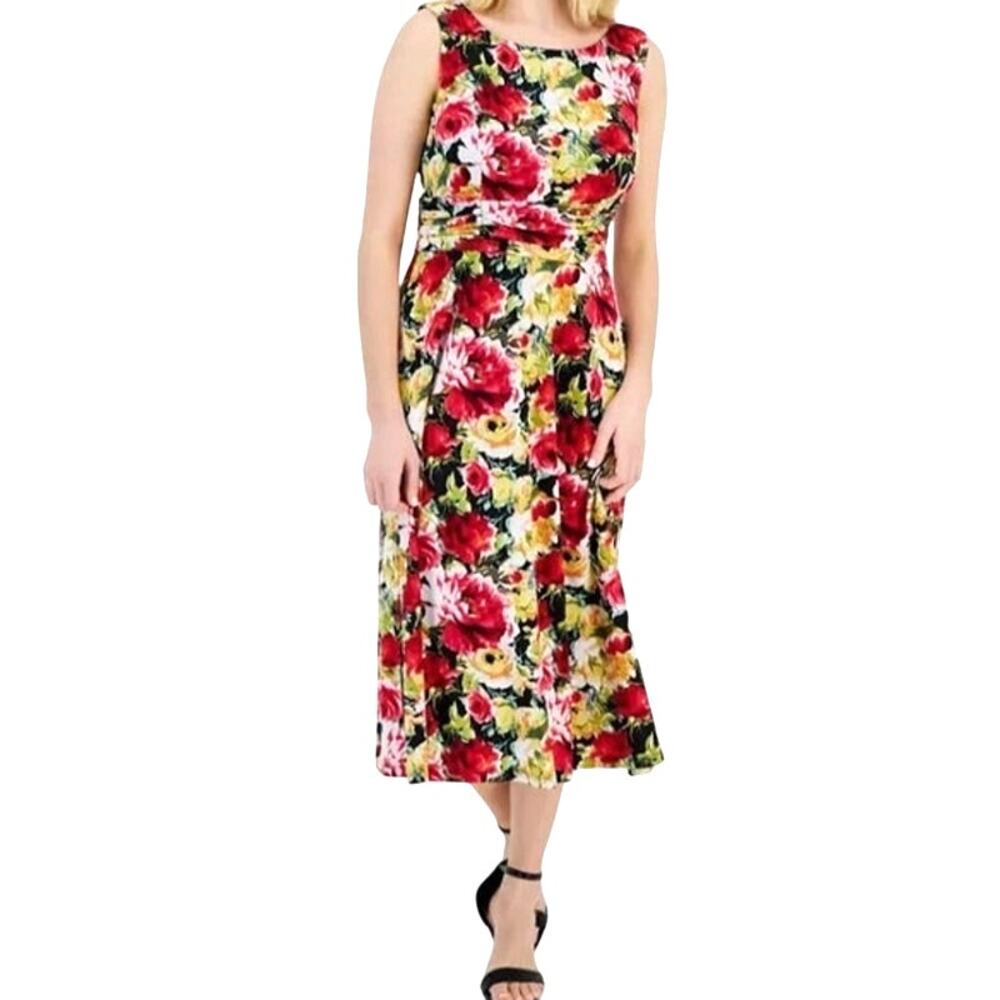 Connected Apparel Women's Sleeveless Ruched Midi Dress in Red Floral Print